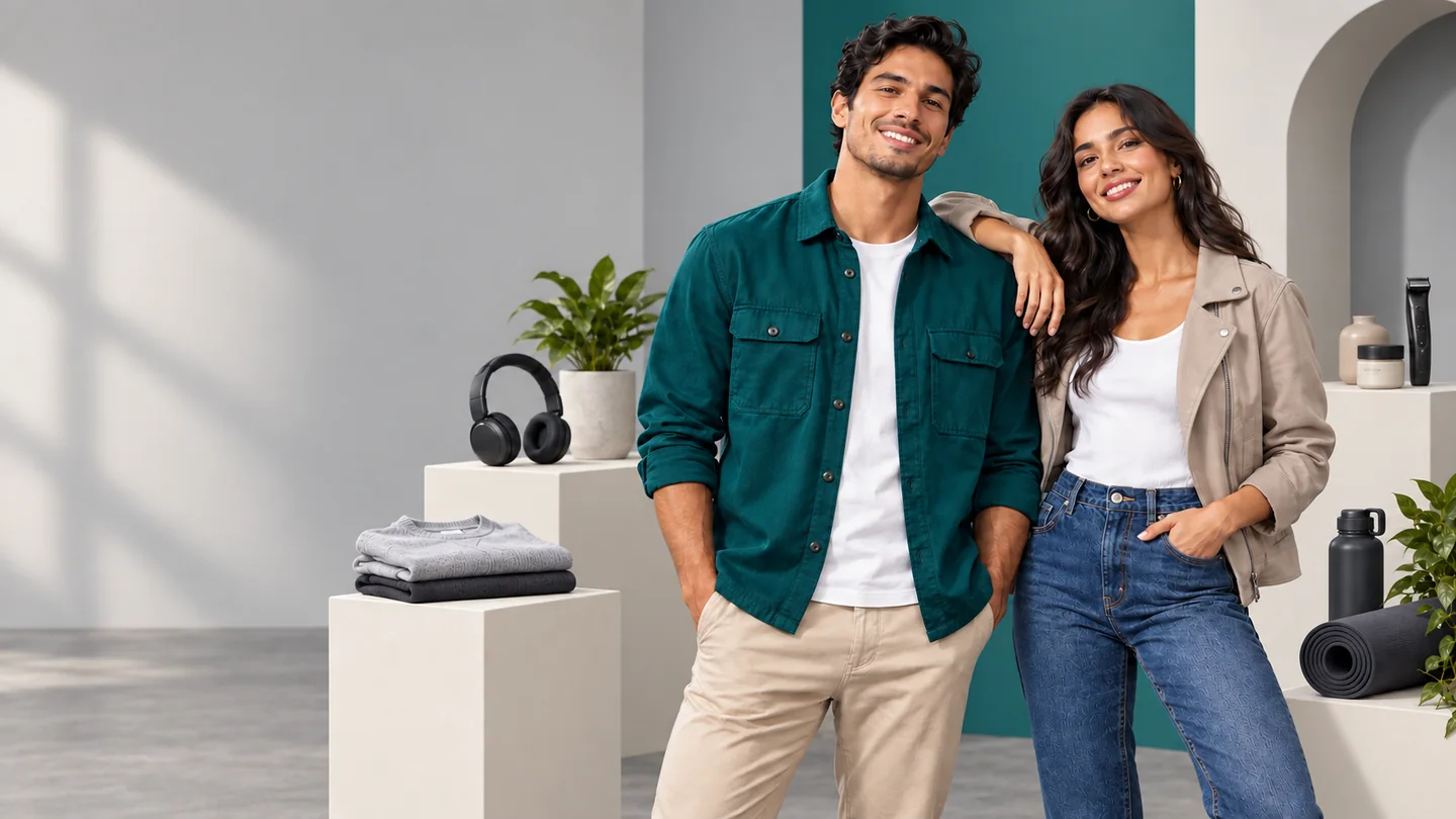 Hombre y mujer junto a una selección de productos Briola